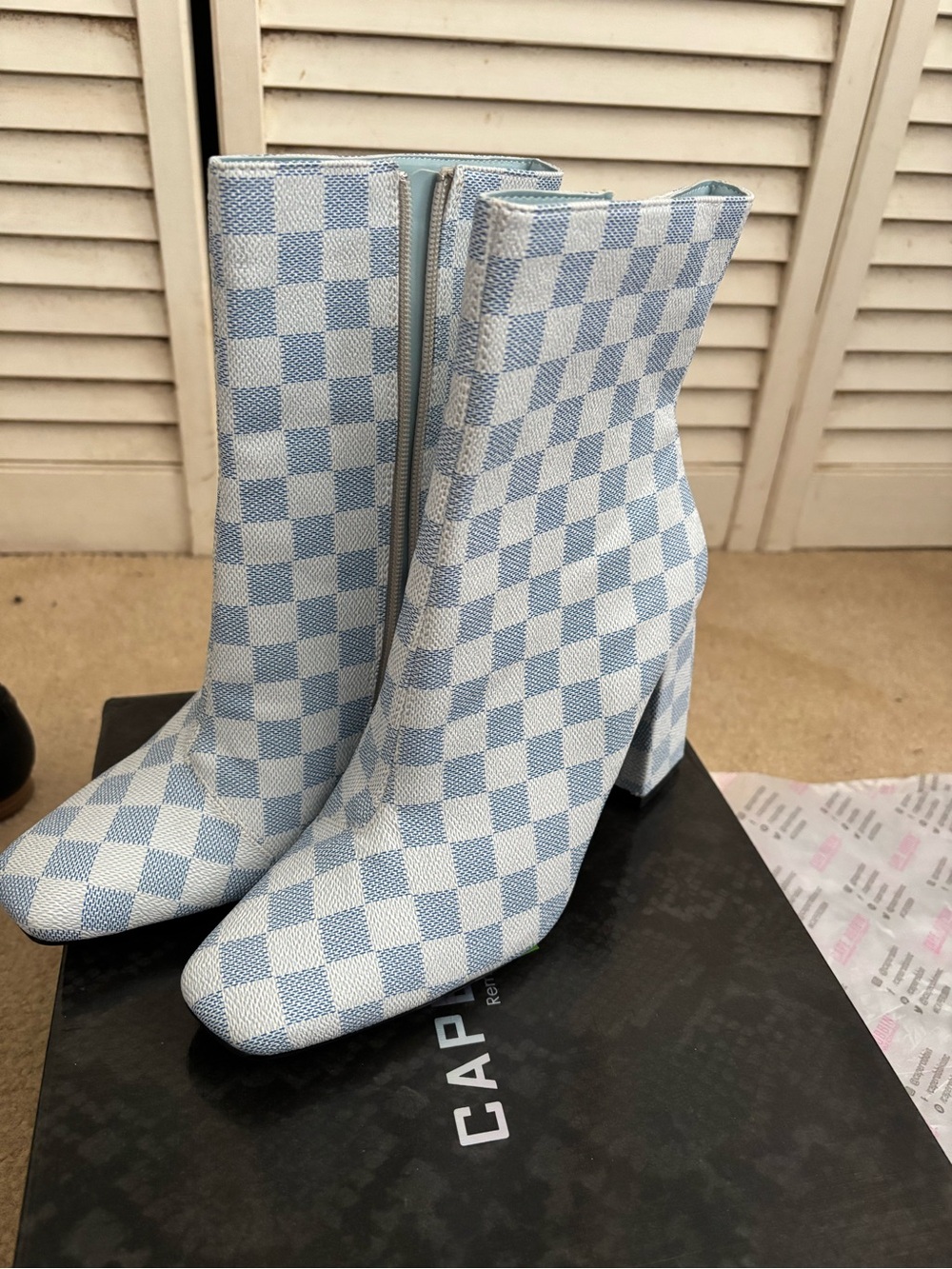Cape Robbin Light Blue and White Checkered Ankle Boots